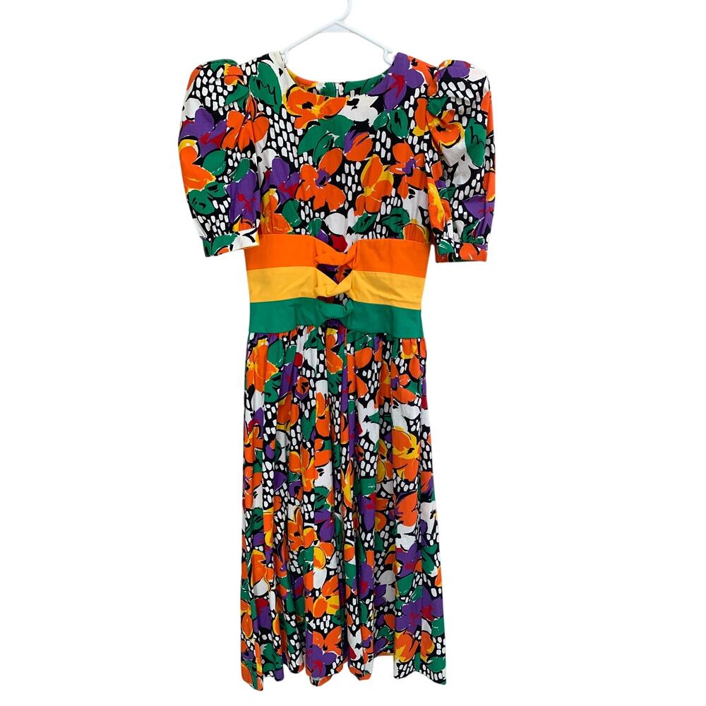 Woman's Vintage Leslie Lucks Color Explosion Cotton Flower Dress Size 6 - Picture 2 of 7